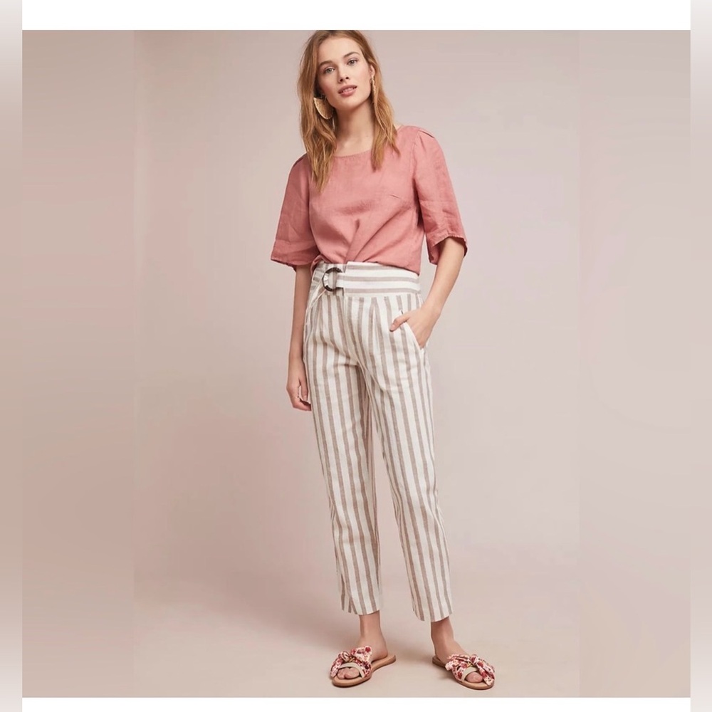 Anthropologie Beige and White Striped Linen Cotton Belted Chino Trousers Size 4